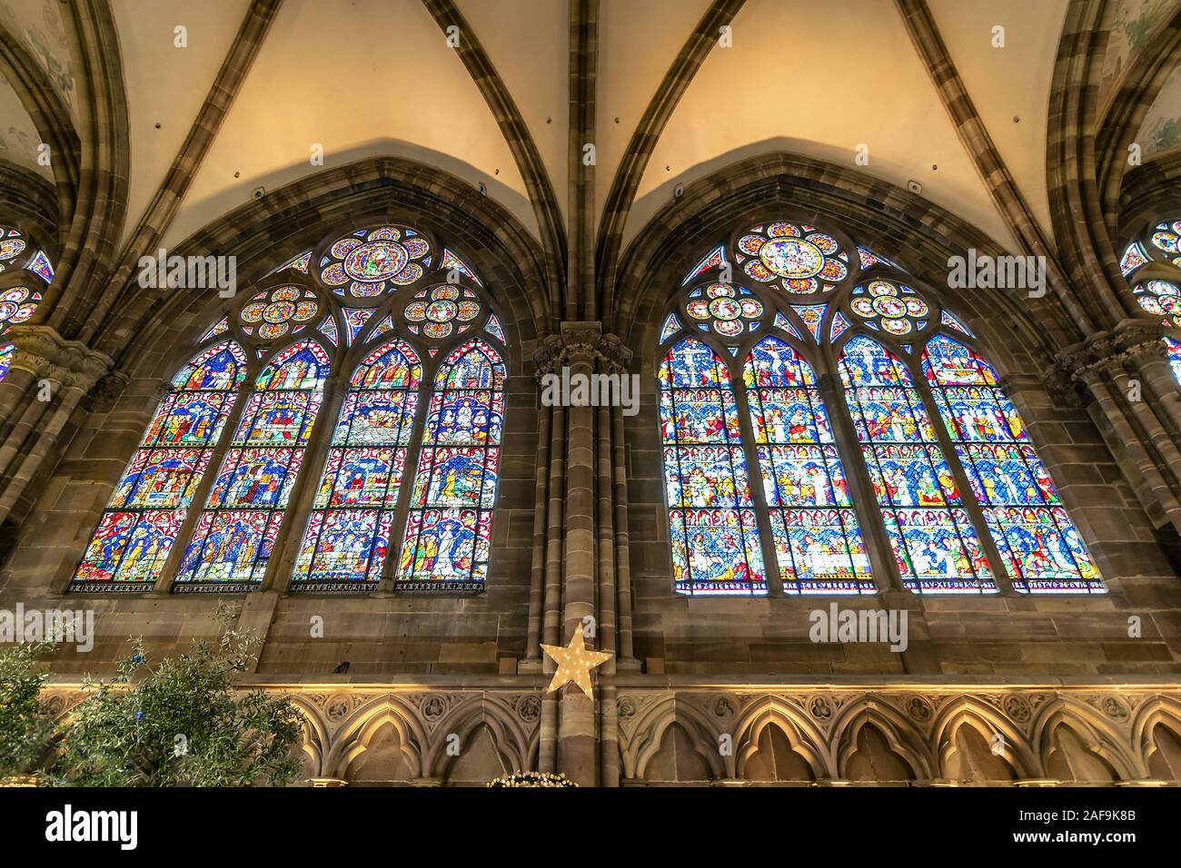 Strasbourg, France - december 1,2019: Stained glass windows inside of Strasbourg Cathedral or the Cathedral of Our Lady of Strasbourg, also known as S Stock Photo