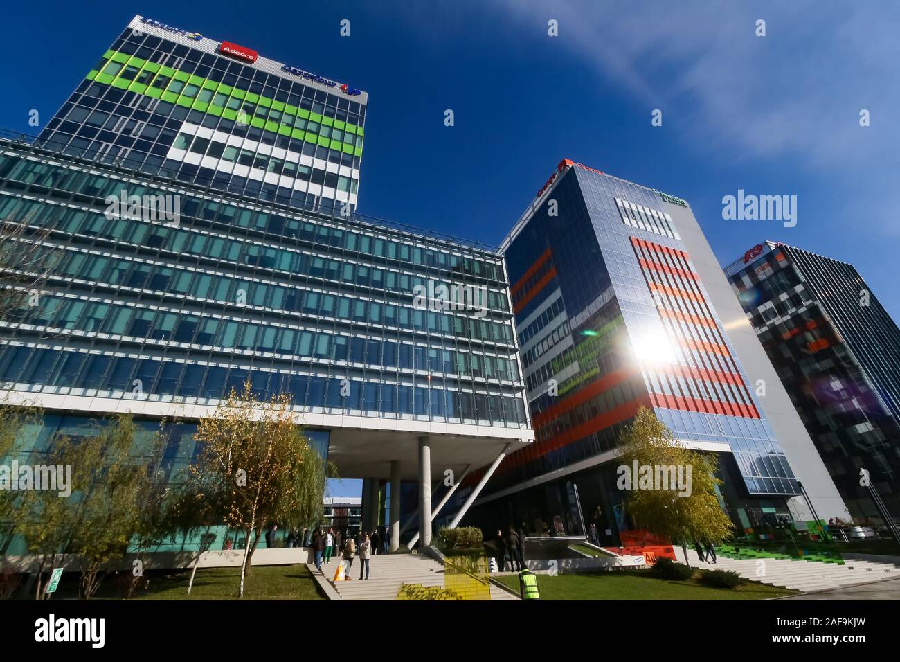 Bucharest, Romania - December 09, 2019: The Green Court Bucharest office buildings, a campus developed by Skanska and currently owned by Globalworth, Stock Photo
