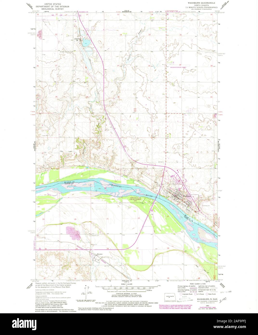 USGS TOPO Map North Dakota ND Washburn 285151 1961 24000 Restoration Stock Photo