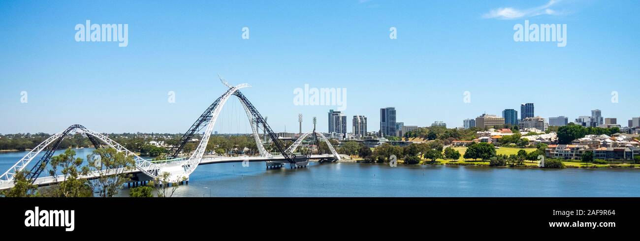 Matagarup Bridge a suspension cable stayed pedestrian footbridge over the Swan River Perth Western Australia. Stock Photo