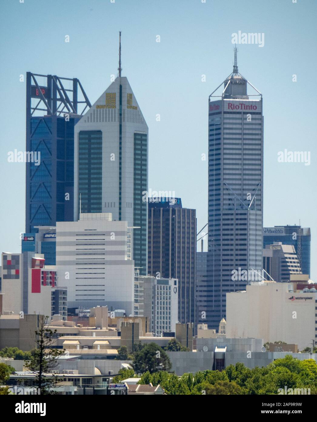 Perth city towers and skyscrapers home to mining and resources companies BHP Rio Tinto and South 32 Perth Western Australia. Stock Photo