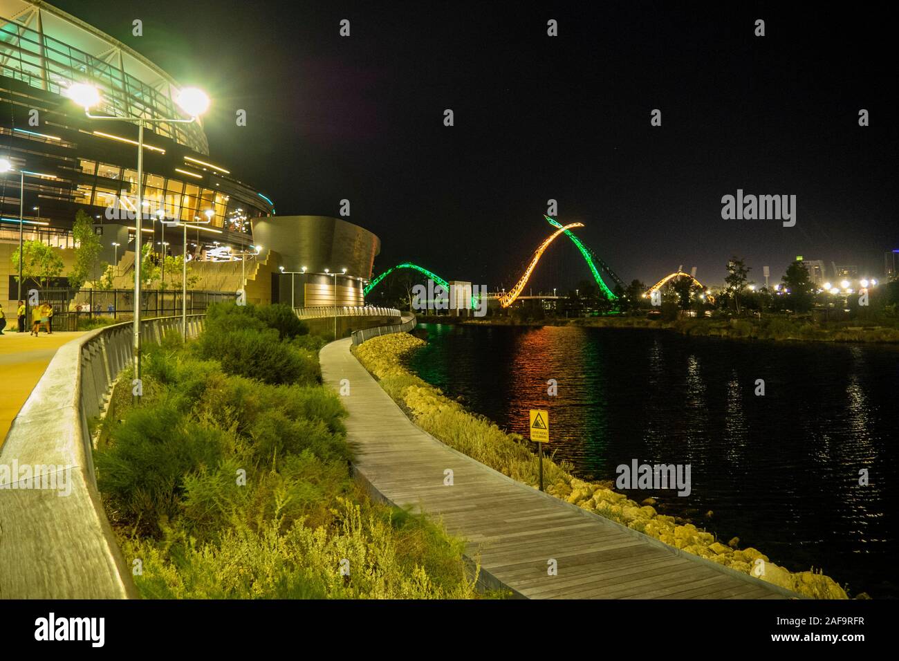 Optus Stadium on the banks of the Swan River and Matagarup Bridge Perth