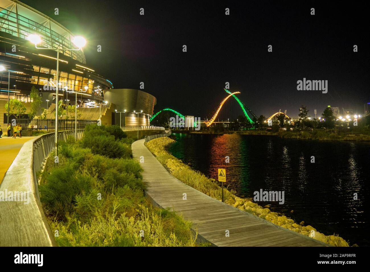 Optus Stadium on the banks of the Swan River and Matagarup Bridge Perth Western Australia. Stock Photo