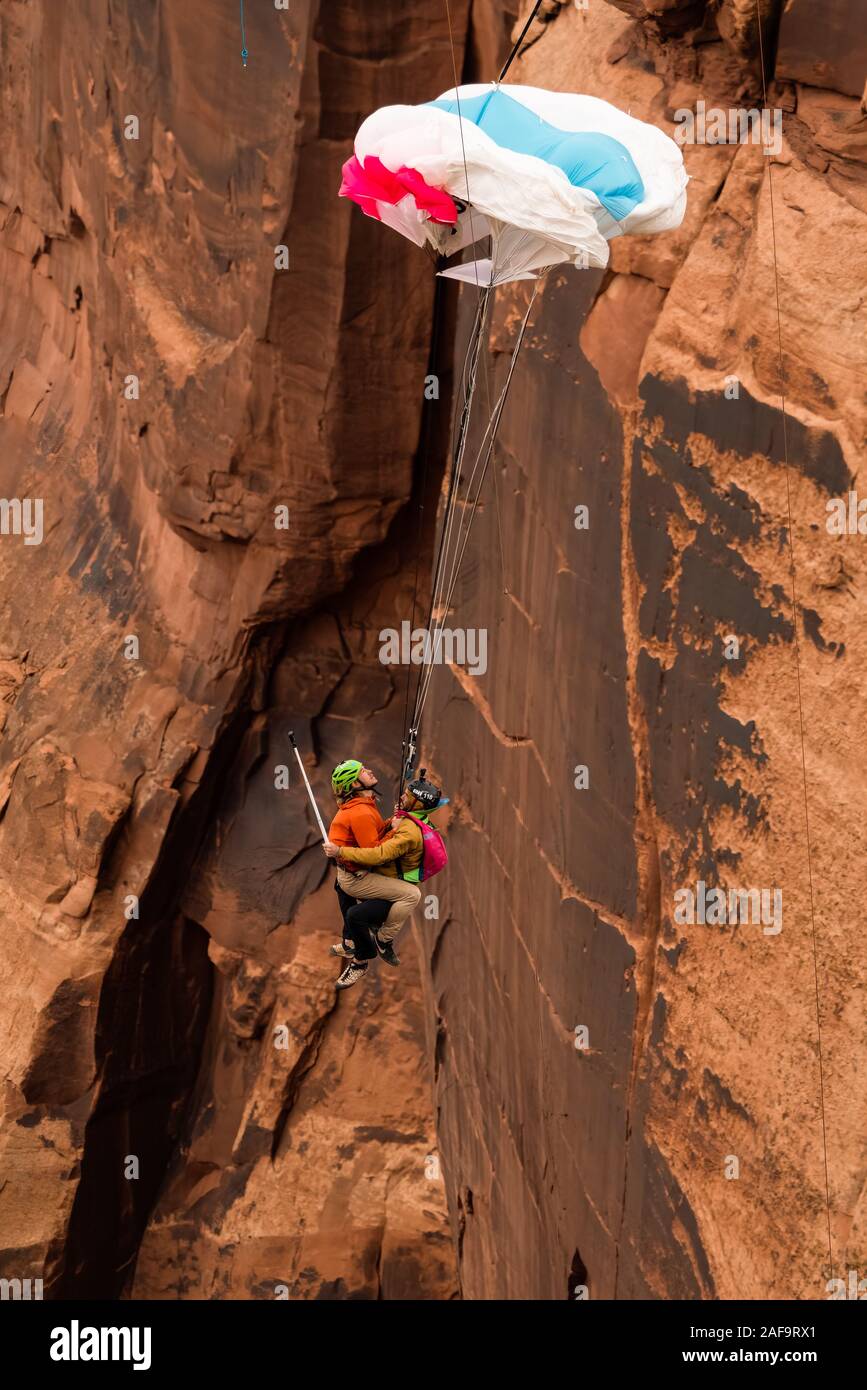 Two BASE Jumpers doing a "Mr. Bill" tandem jump from the Mothership