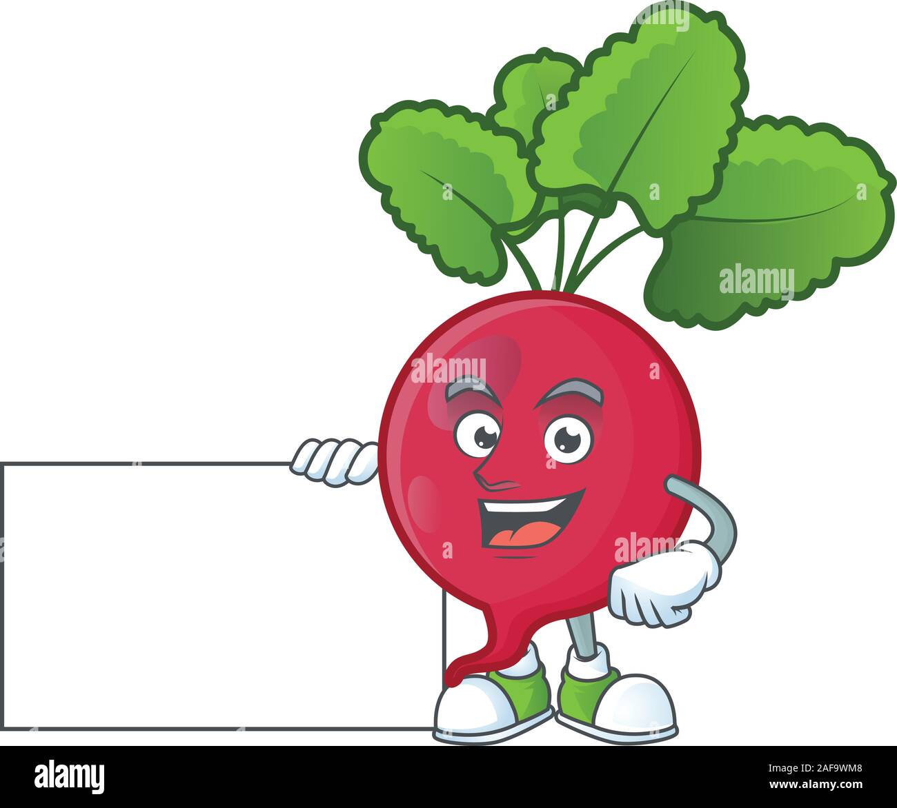 cute red radish cartoon character with a board Stock Vector