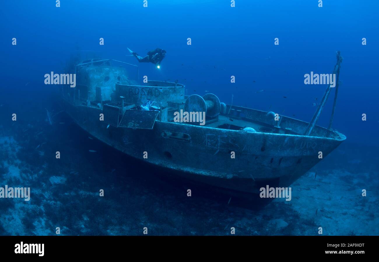 Scuba dive at the ship wreck Coastguard Navy Ship TCG 115, coastguard boat, Bodrum, Turkey Stock Photo