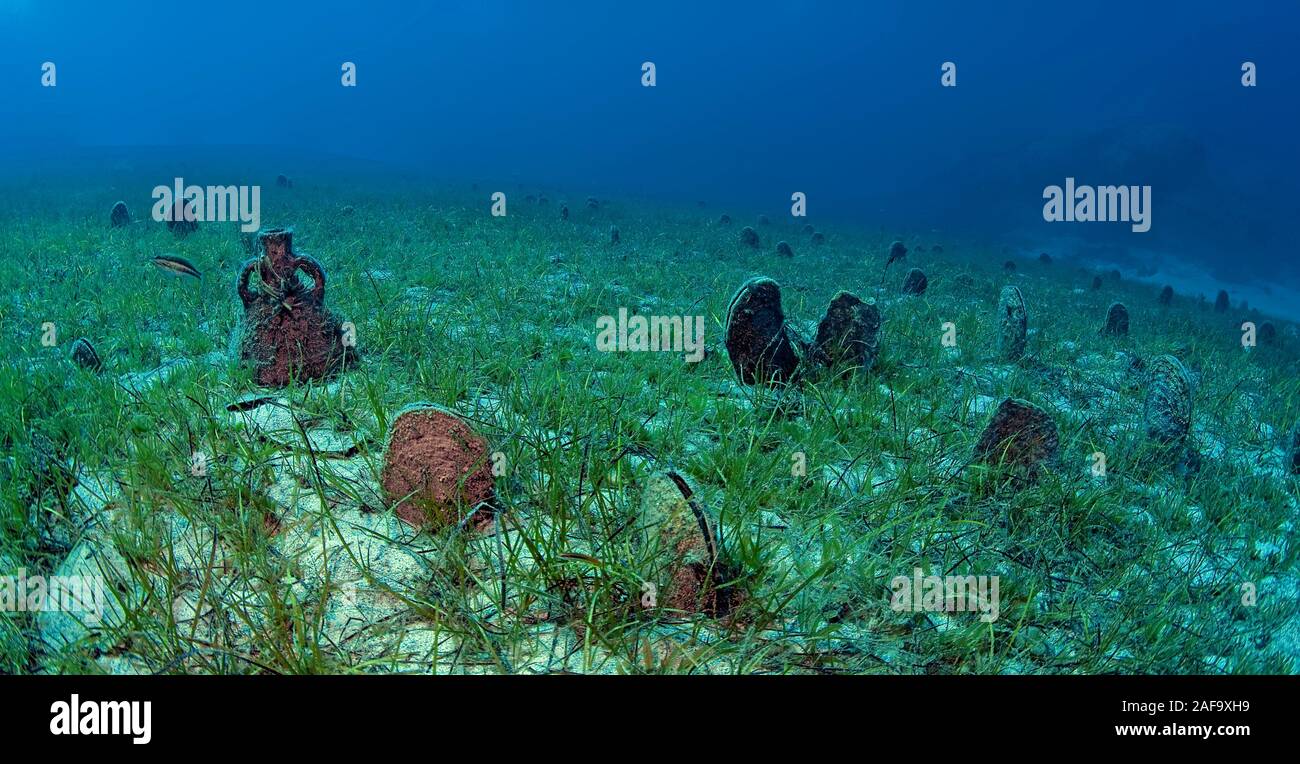 Ancient amphora on a field with rare Noble Pen Shells (Pinna nobilis), seaweed, Kas, Lycia, Turkey Stock Photo