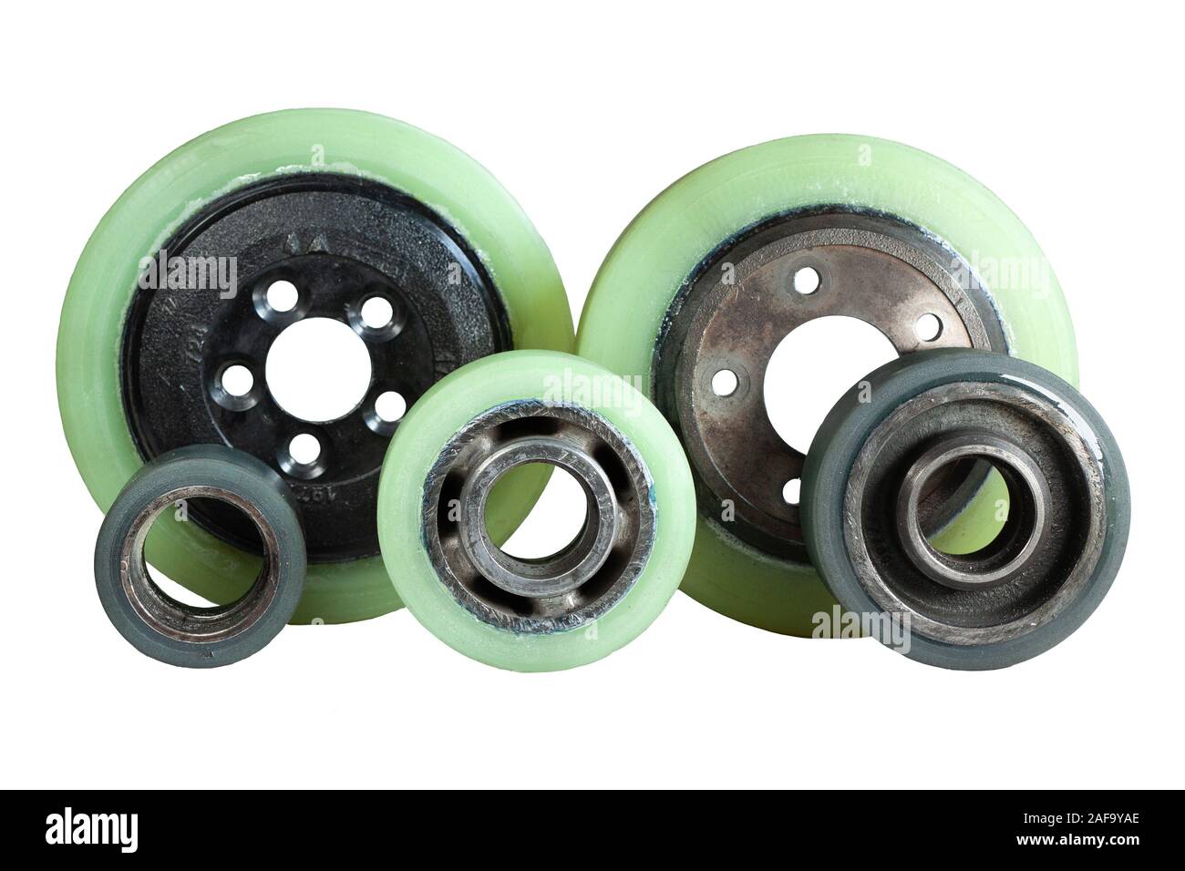 Wheel with polyurethane bandage for warehouse loader isolated Stock