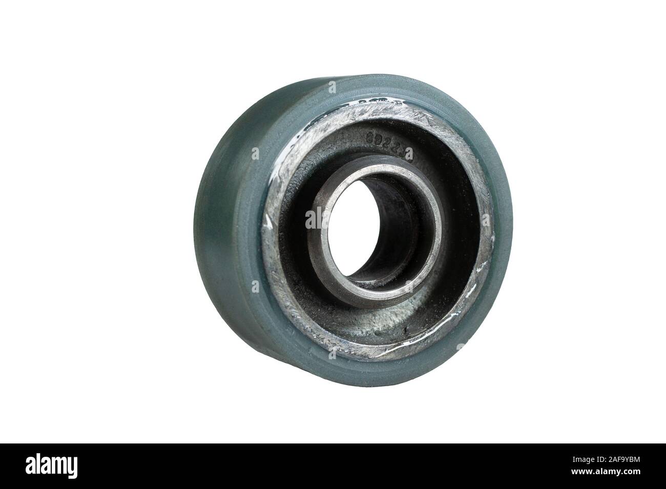 Wheel with polyurethane bandage for warehouse loader isolated on white