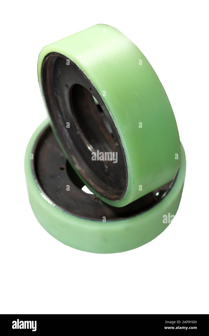 Wheel with polyurethane bandage for warehouse loader isolated on white