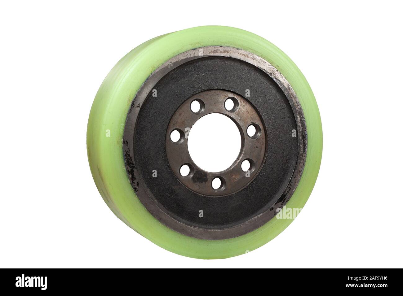 Wheel with polyurethane bandage for warehouse loader isolated on white