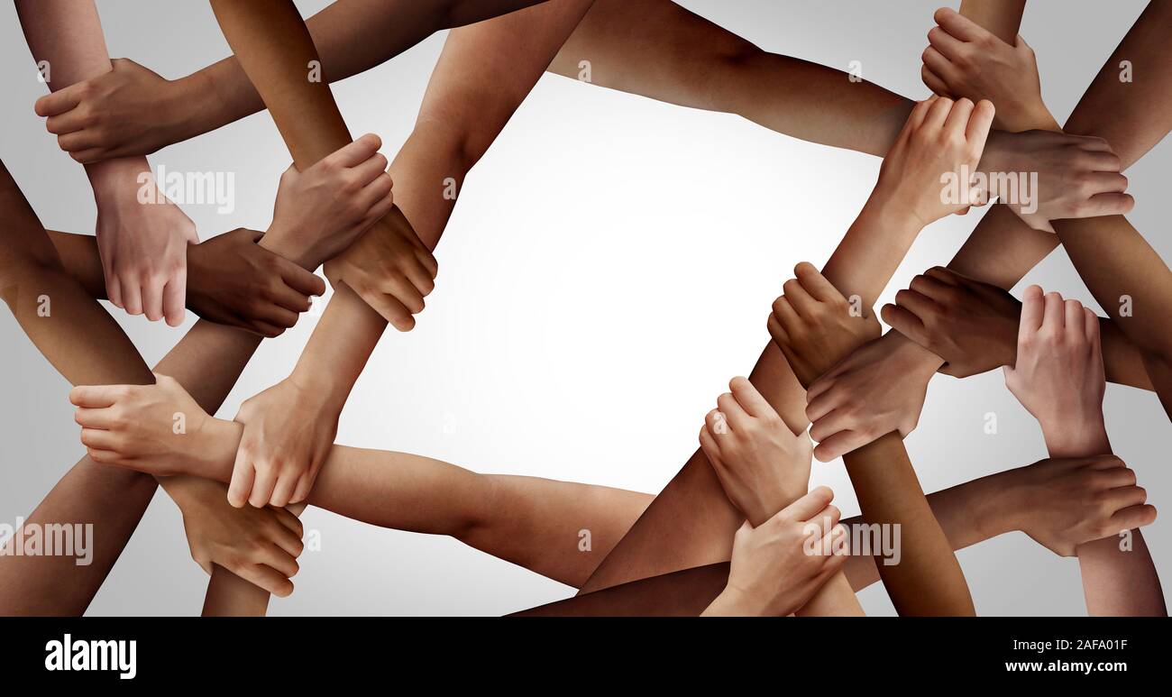 Business team diversity and teamwork as a group of diverse people holding arms as a multiracial society and corporate multicultural community joined. Stock Photo
