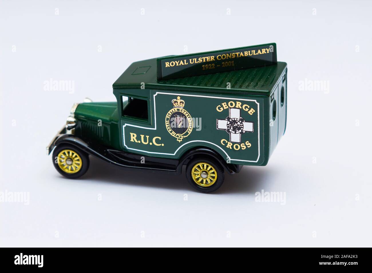 29 November 2019 Model T Ford die cast Scale Model Van collectible in the livery of now non existent Royal Ulster Constabulary celebrating their Georg Stock Photo