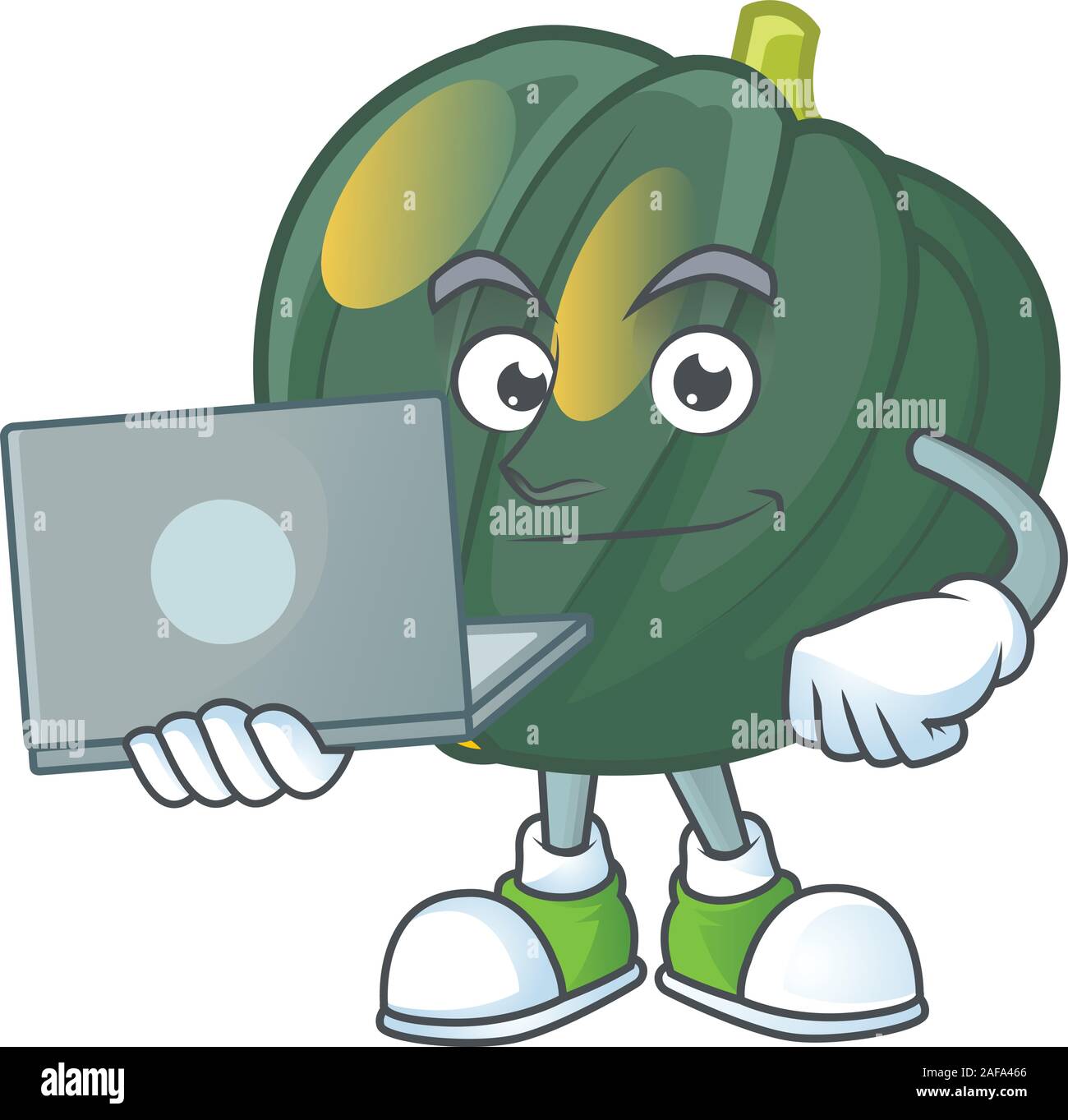 Smart acorn squash cartoon character working with laptop Stock Vector