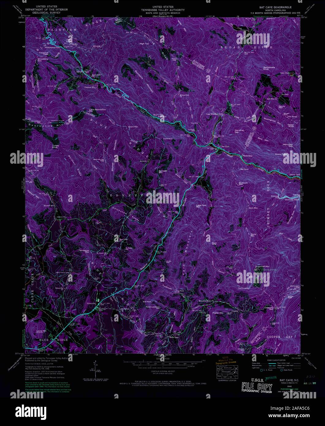 USGS TOPO Map North Carolina NC Bat Cave 163694 1946 24000 Inverted Restoration Stock Photo