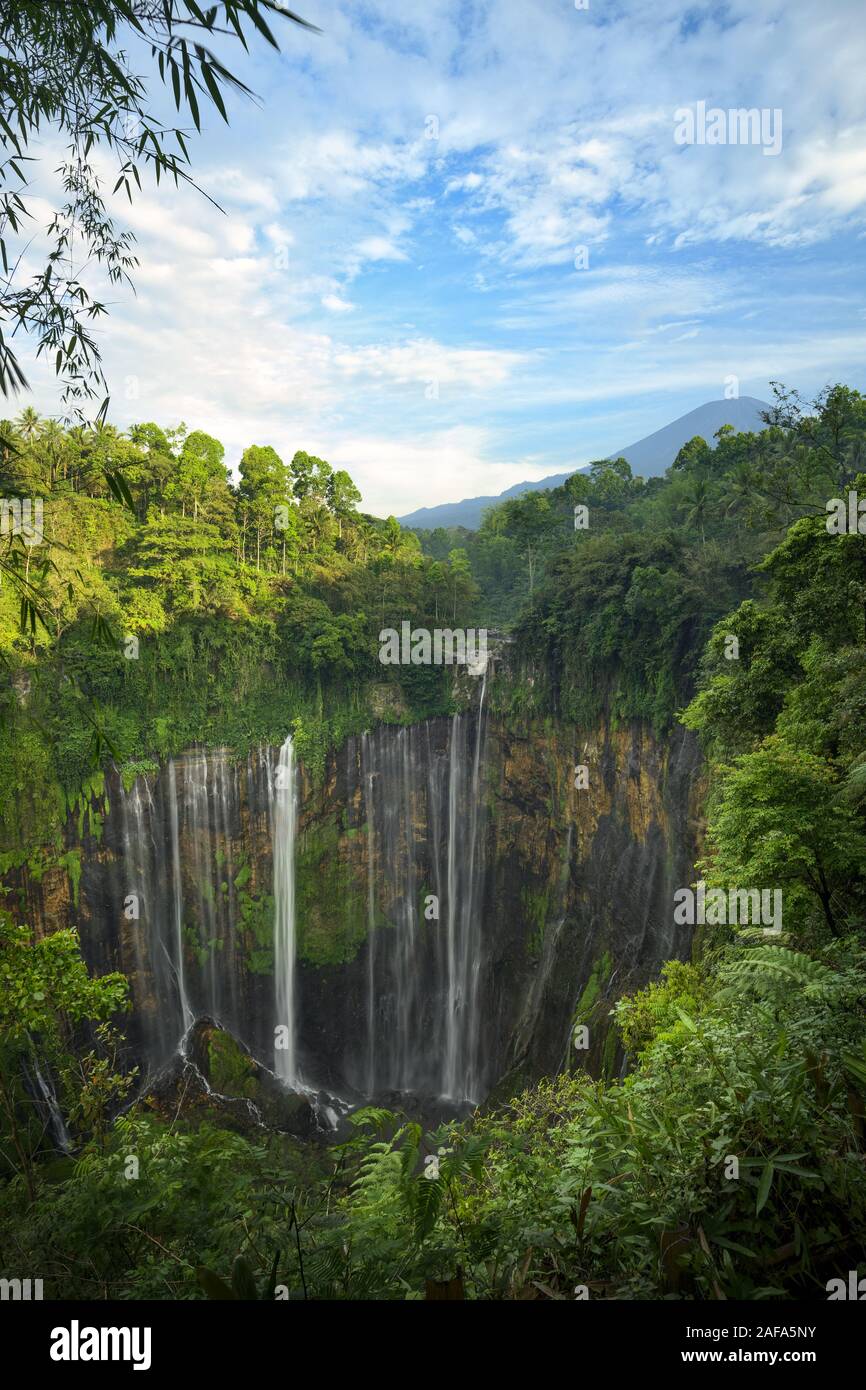 View from above, stunning aerial view of the Tumpak Sewu Waterfalls also known as Coban Sewu with the Semeru volcano in the distance, Malang Regency,E Stock Photo