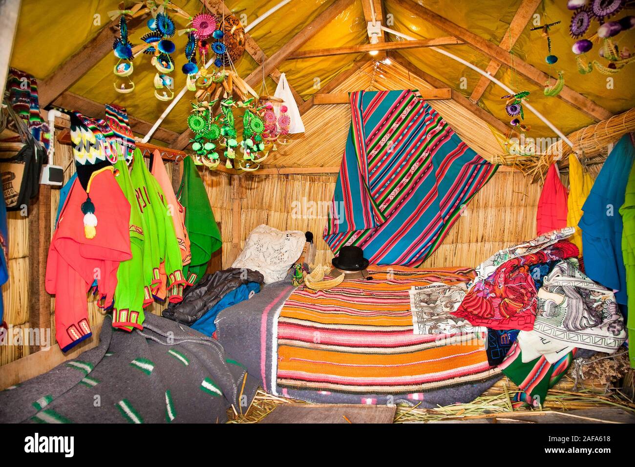 Interior of a reed house on Uros floating islands, Titicaca lake, Peru