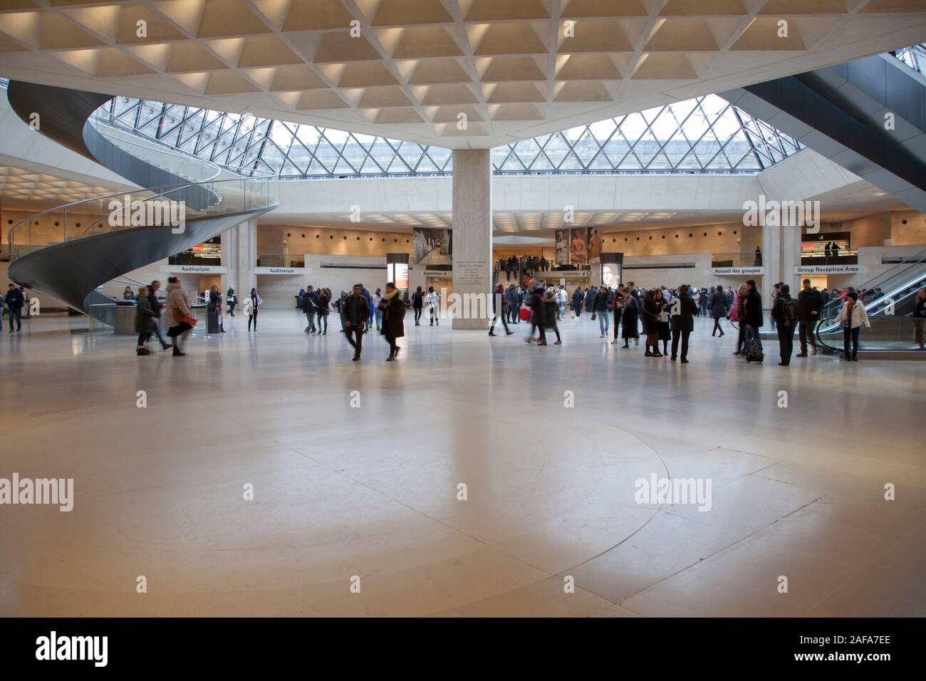 The underground entrance hall and lobby to the Musee du Louvre in Paris. Shown here during a quiet winter period Stock Photo