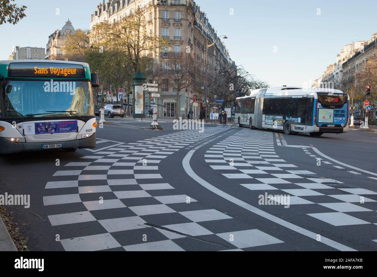 Hybrid diesel-electric buses in the 13th arrondisement of Paris Stock Photo