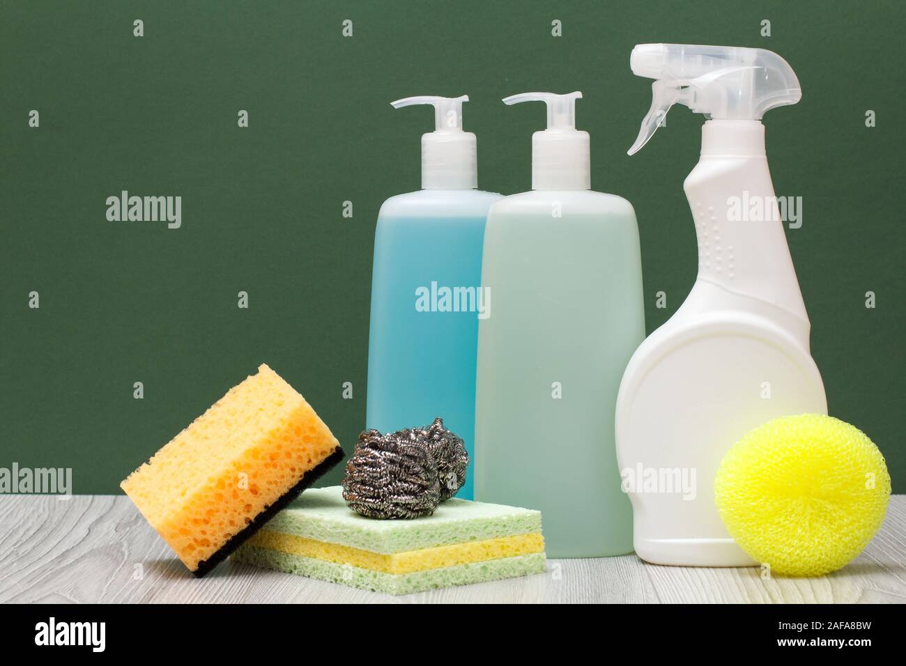 Plastic bottles of detergent for microwave ovens and stoves, glass and