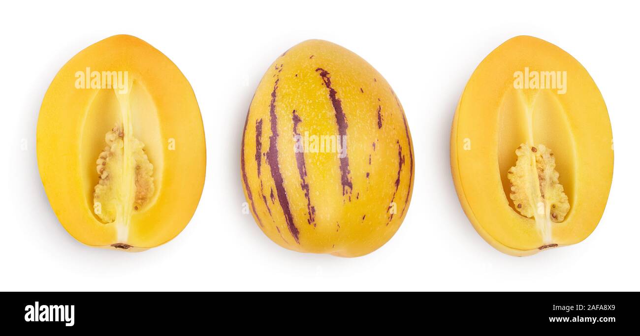 Fresh Pepino fruit with leaves isolated on white background. Top view, flat lay Stock Photo