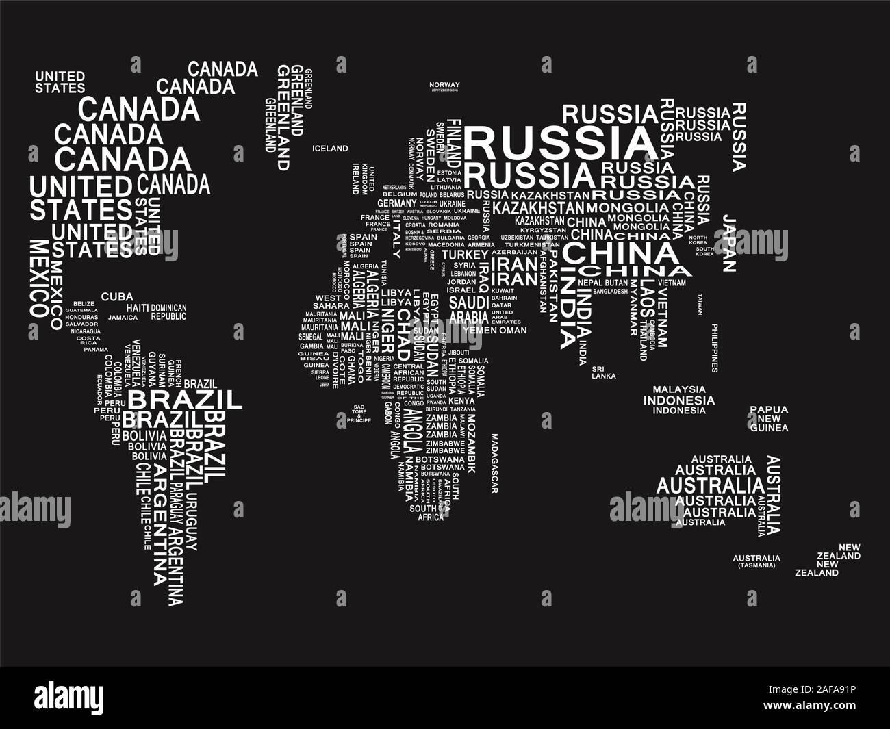 World map. White on a Black background Stock Vector