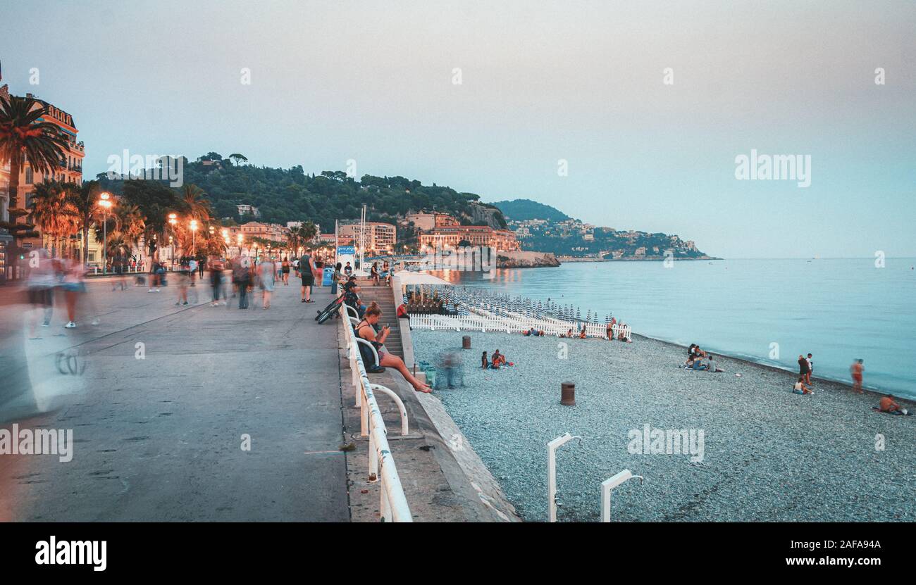 Nice, France, September 30, 2018: The public baths Plage de Castel, Plage des Ponchettes and Opera Plage  in the French city of Nice during the evenin Stock Photo