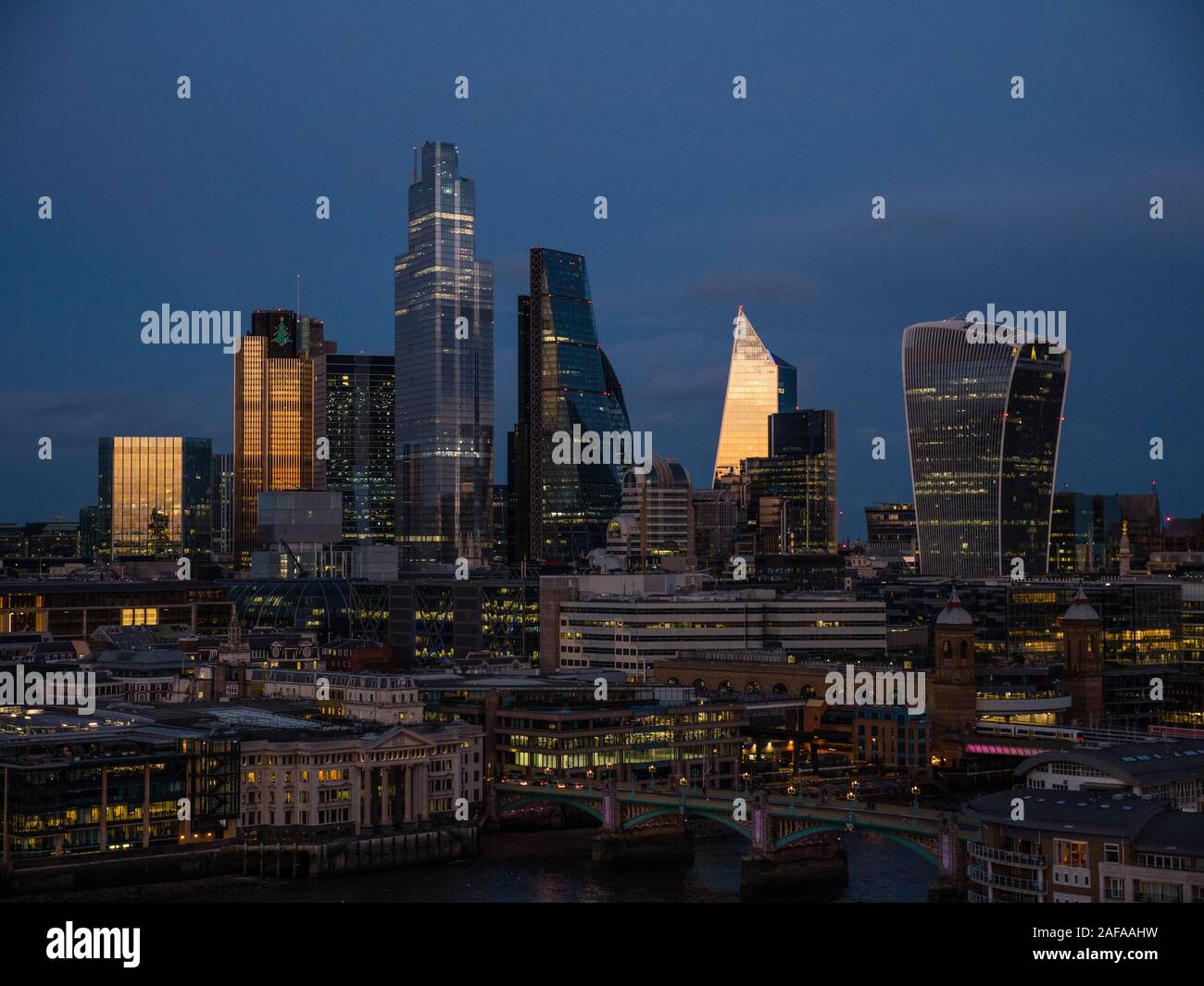 Night Time Landscape View of City of London Skyline, London, England, UK, GB. Stock Photo