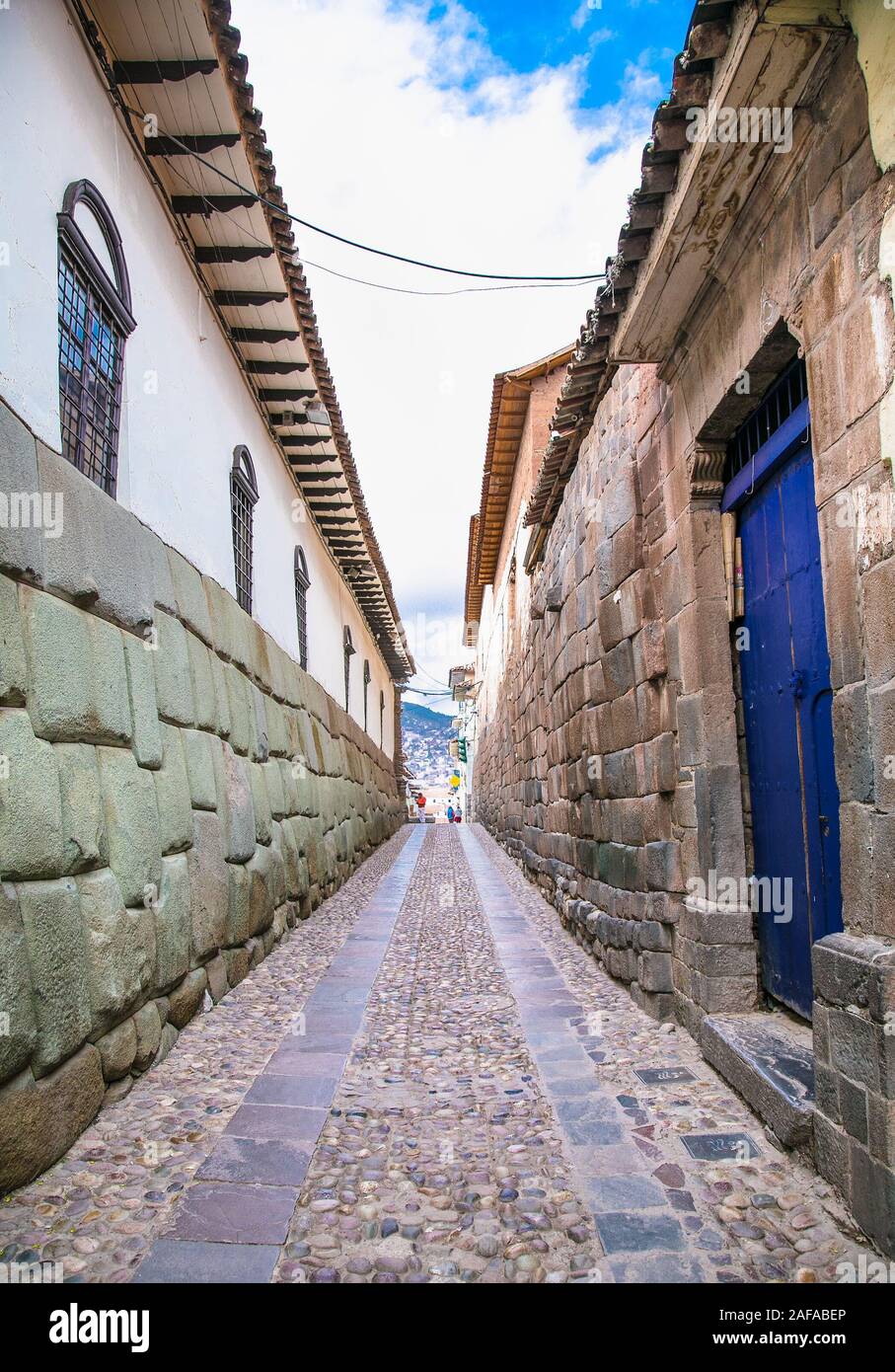 Cusco, Peru - Jan 7, 2019: Historic Colonial Buildings in Hatun Rumiyoc street , Cusco,  Peru. Stock Photo