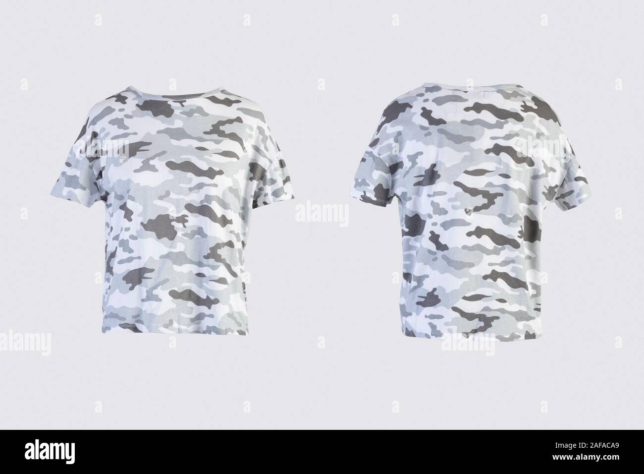 camo female t shirt Isolated on white background front and back rear view on invisible mannequin Stock Photo Alamy