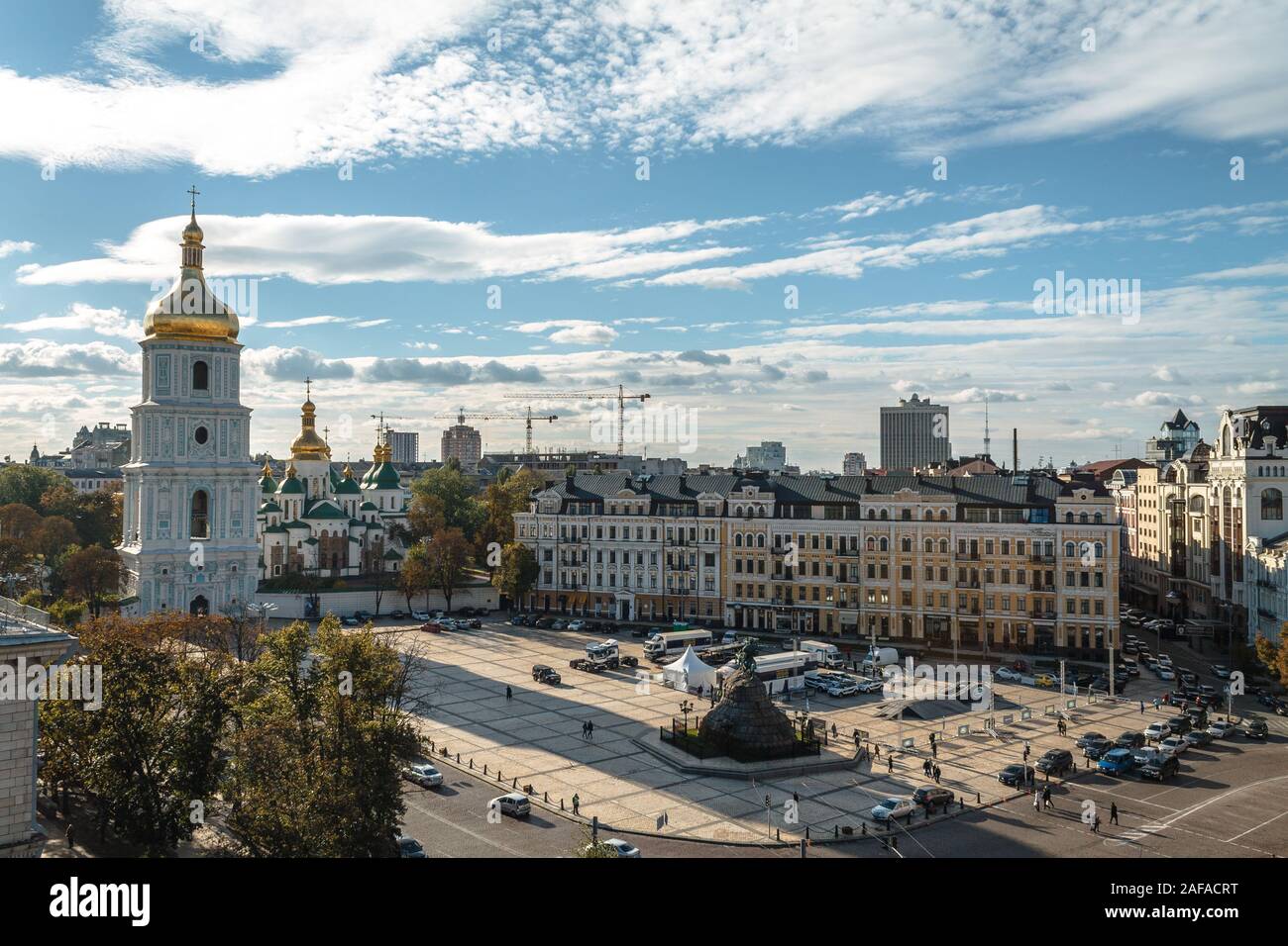 Sofiyivska Square with Saint Sophia's Cathedral and the bell tower on a sunny autumn day in Kyiv Stock Photo