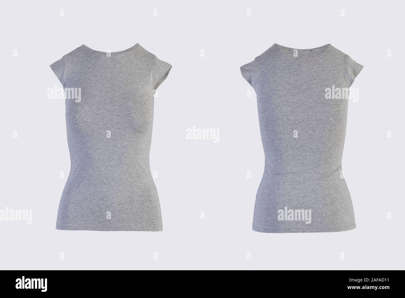 Women's blank gray short sleeve t-shirt, front and back rear view template. Blank shirt mock up for print design. Isolated on white Stock Photo