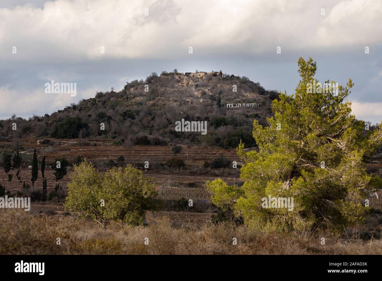 The ruins of Belmont, a crusader stronghold, on mount Suba, Israel. The hebrew letters stand for "agriculture will prevail". Stock Photo