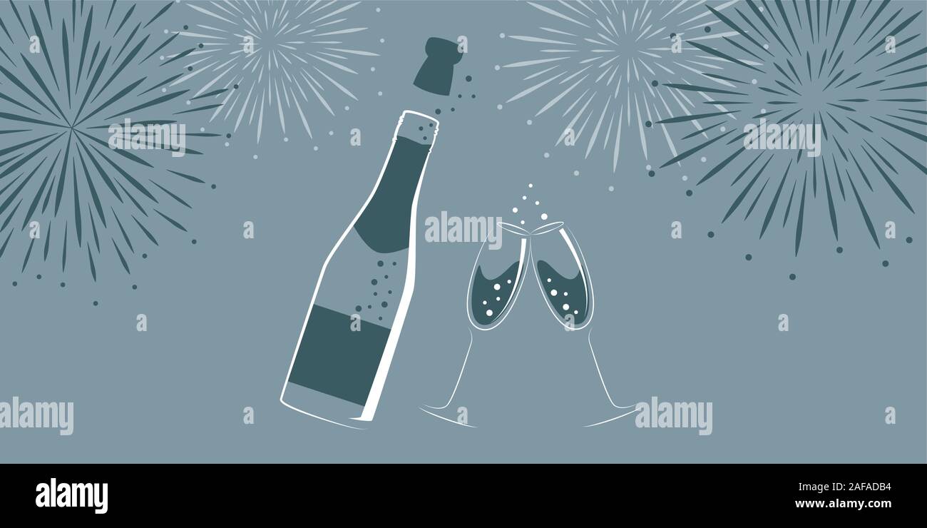 champagne bottle and glasses with new year fireworks vector illustration EPS10 Stock Vector