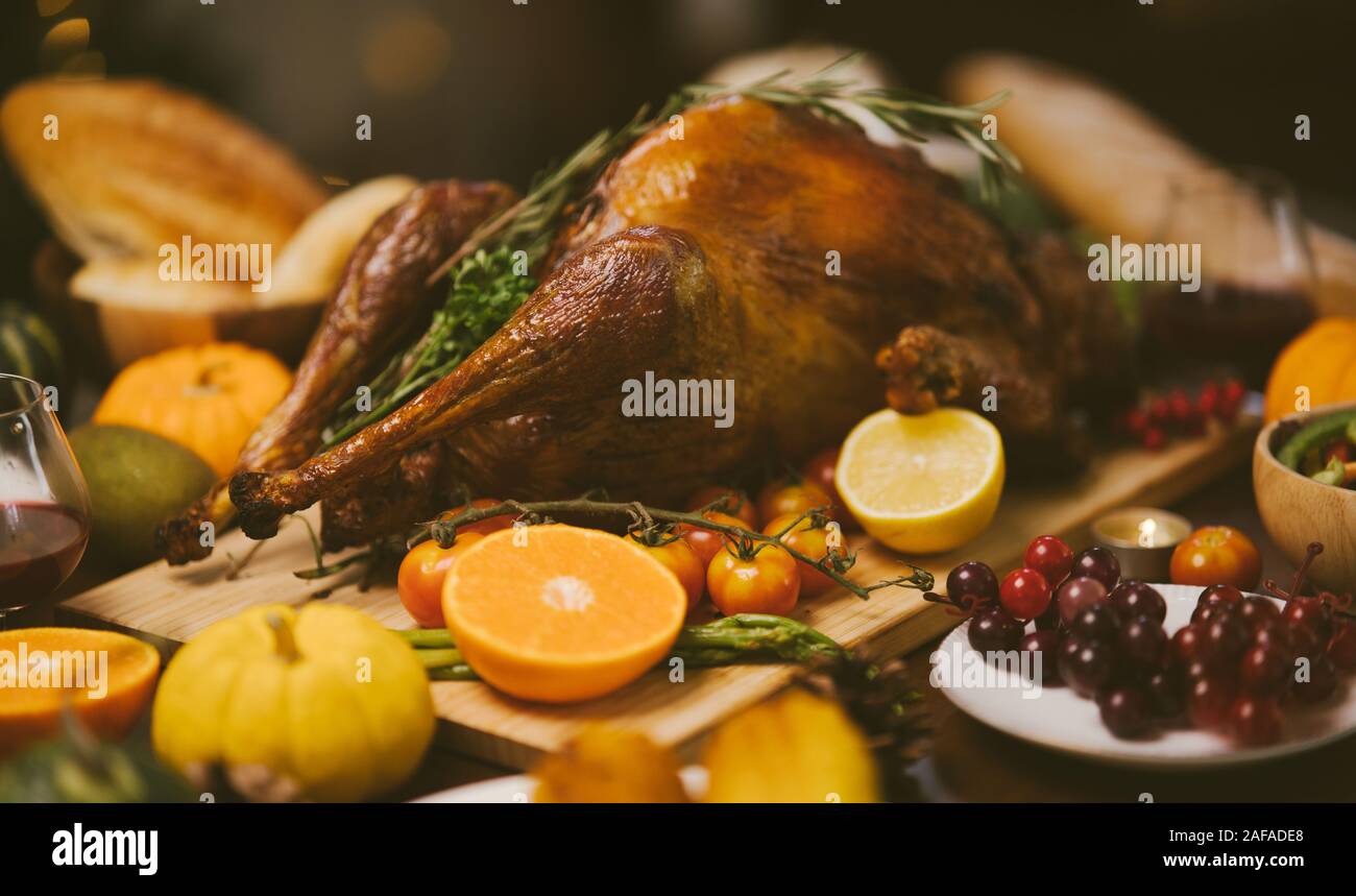 Roast Turkey in Thanksgiving Day. Stock Photo