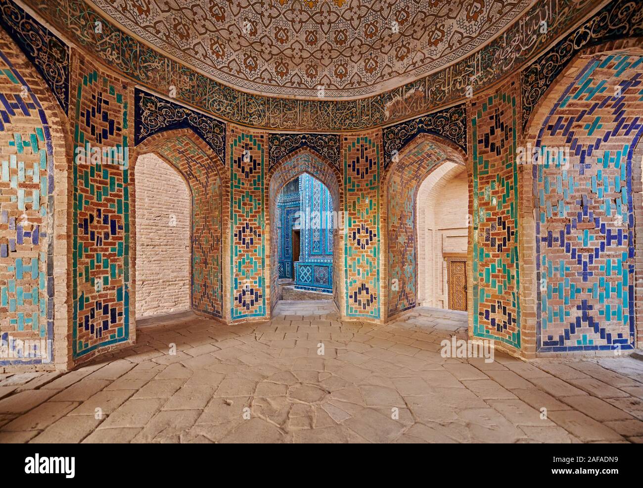 interior shot of Octagonal Mausoleum or Shirin Biqa Aqa in necropolis Shah-i-Zinda, Samarqand, Uzbekistan, Central Asia Stock Photo
