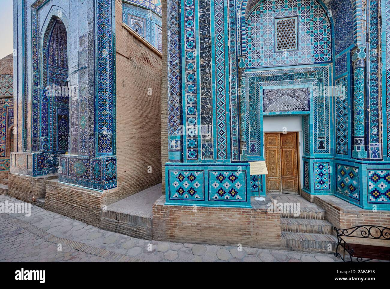 facade heavily decorated with blue tiles in necropolis Shah-i-Zinda, Samarqand, Uzbekistan, Central Asia Stock Photo