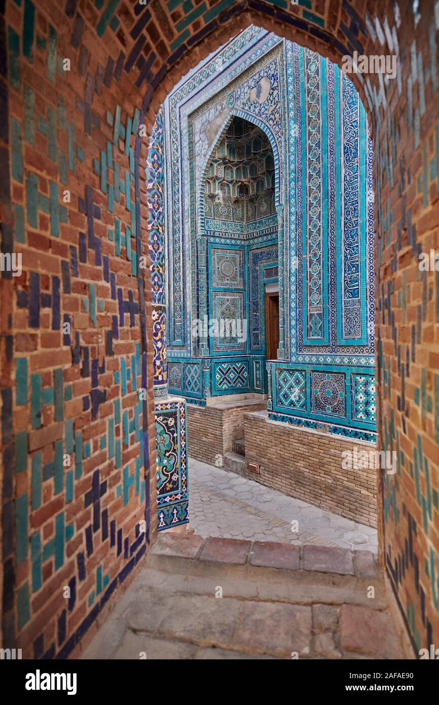 facade heavily decorated with blue tiles in necropolis Shah-i-Zinda, Samarqand, Uzbekistan, Central Asia Stock Photo