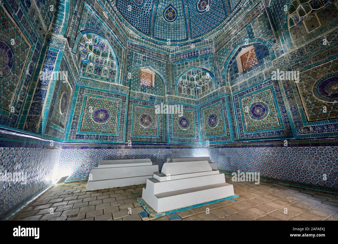interior shot in tomb of necropolis Shah-i-Zinda, Samarqand, Uzbekistan, Central Asia Stock Photo