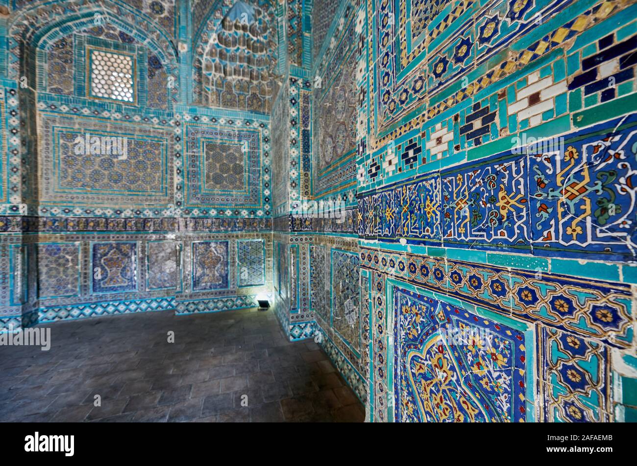 interior shot in tomb of necropolis Shah-i-Zinda, Samarqand, Uzbekistan, Central Asia Stock Photo