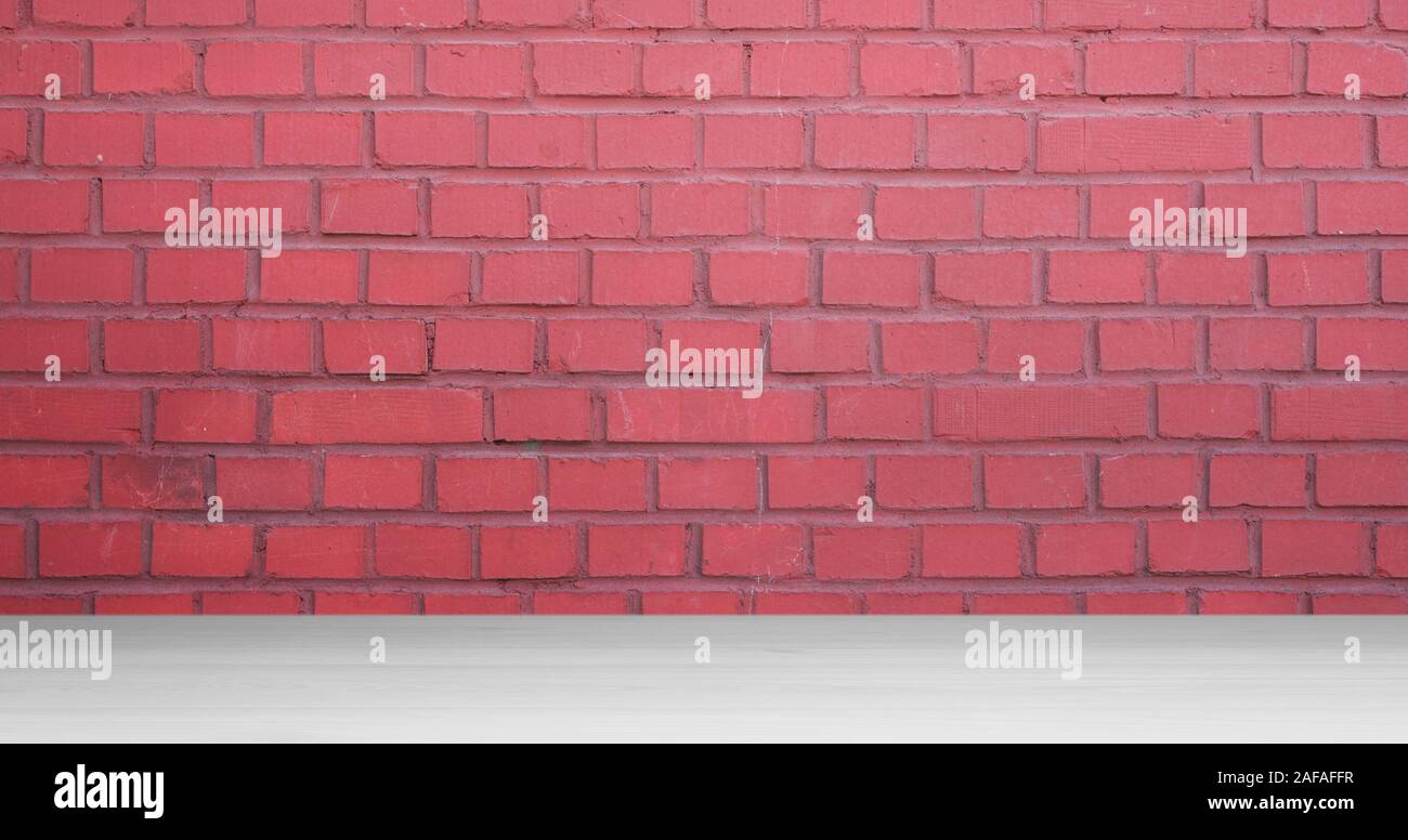 Empty wooden table and red brick wall in background Stock Photo