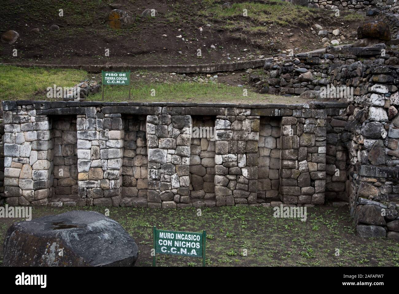 Prehistoric ruins in the historic area of Cuenca in Ecuador which was built on the ruins of an Inca palace and even older Cañari culture.  Die A Stock Photo