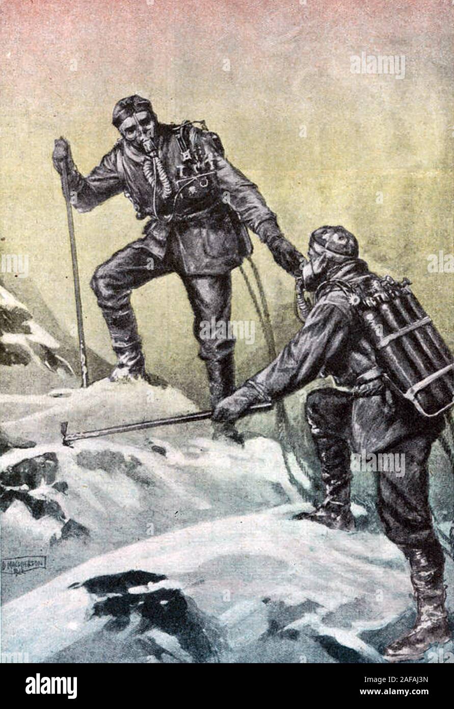 MOUNT EVEREST 1922 BRITISH EXPEDITION. Italian magazine illustration of George Finch (at left) and Geoffrey Bruce on their second attempt using oxygen Stock Photo