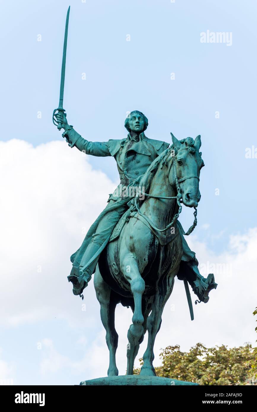 Bronze statue of Lafayette on his horse is set on a threelevel granite