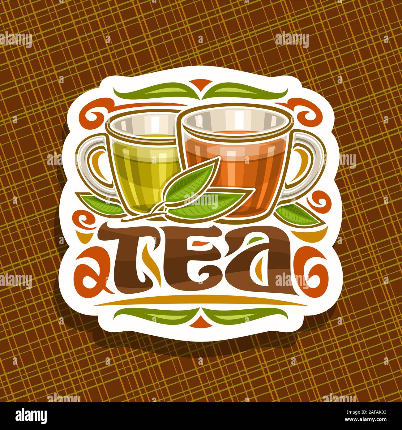 Vector logo for Tea, decorative cut paper sign with illustration of 2 glass cups with yellow and brown liquid, sprig of tea and flourishes, original b Stock Vector