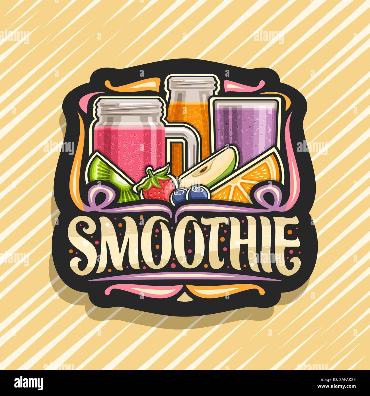 Vector logo for Fruit Smoothie, black decorative badge with illustration of juicy fruit