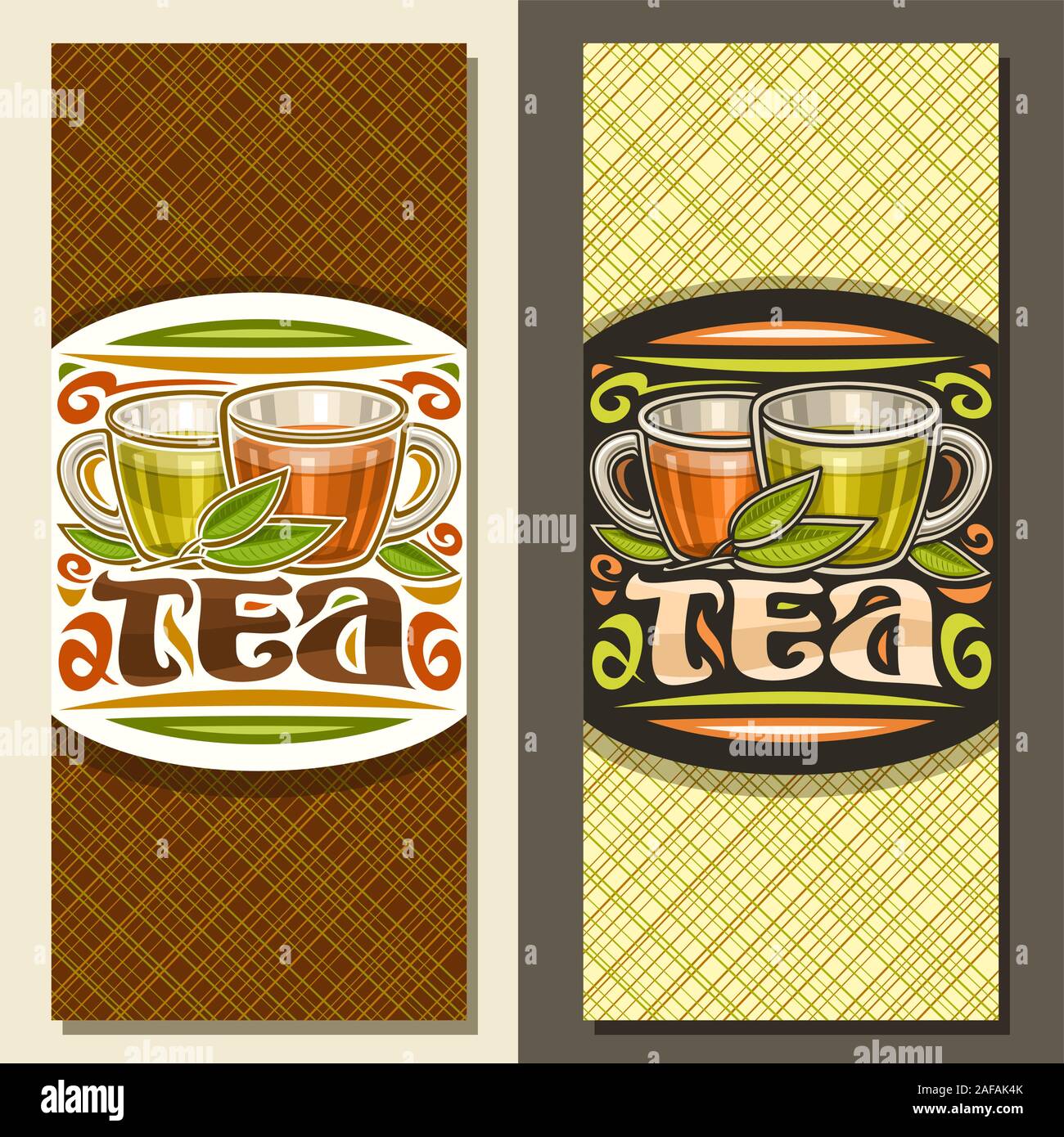 Vector layouts for Tea, brochure with illustration of 2 glass cups with yellow and brown liquid, fresh sprig of tea and flourishes, design signage wit Stock Vector