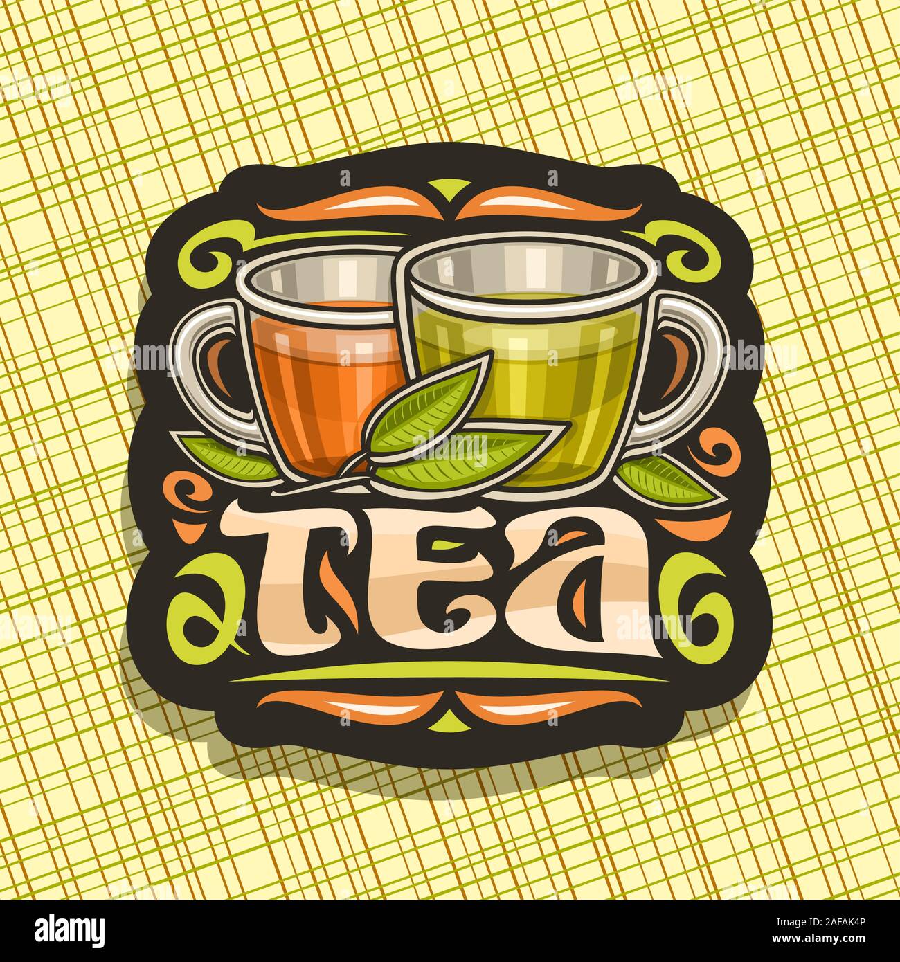 Vector logo for Tea, dark decorative badge with illustration of 2 glass cups with yellow and brown liquid, sprig of tea and flourishes, design signboa Stock Vector