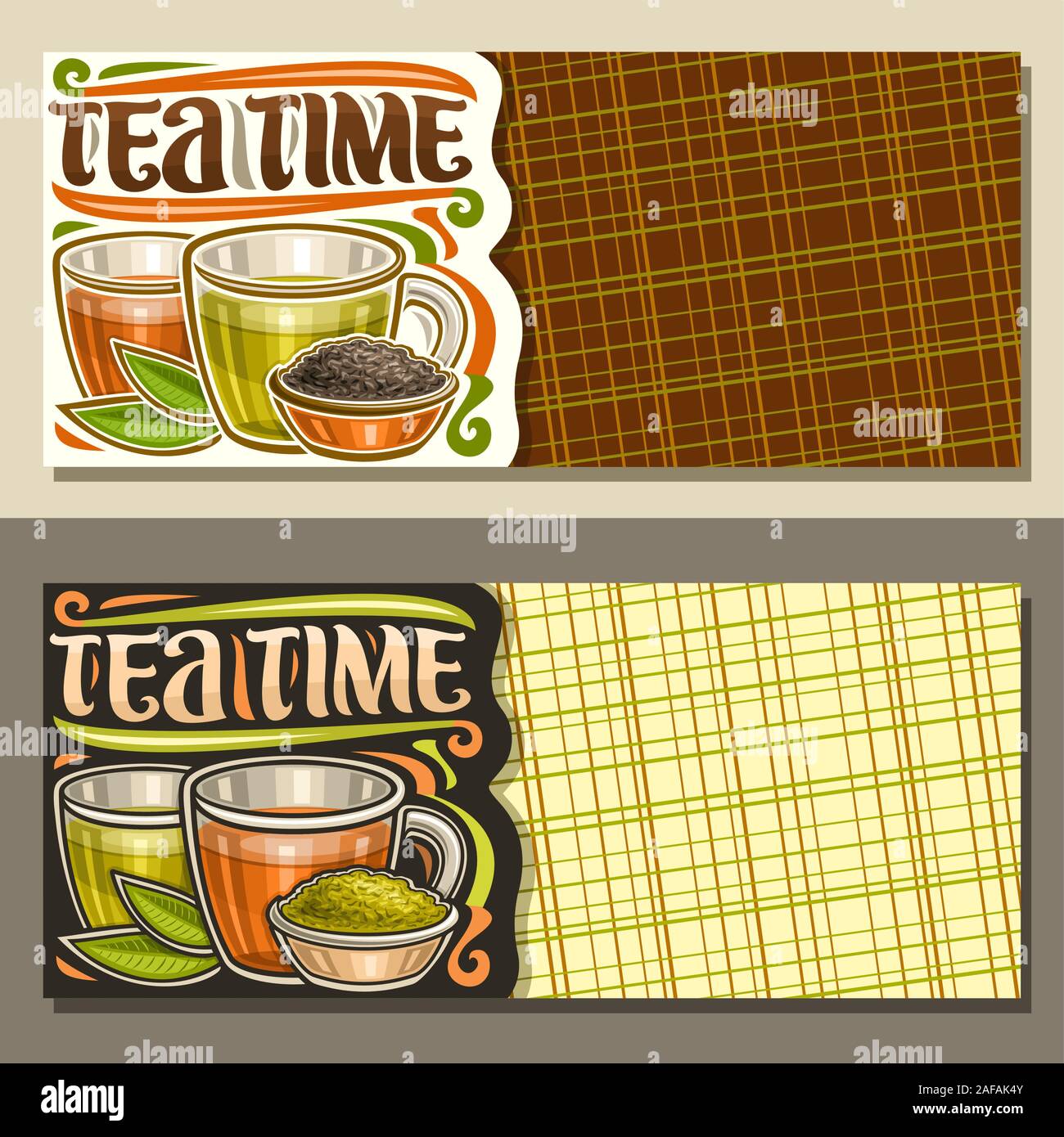 Vector layouts for Tea Time with copy space, illustration of 2 glass cups with yellow and brown liquid, metal bowl with loose tea, original decorative Stock Vector