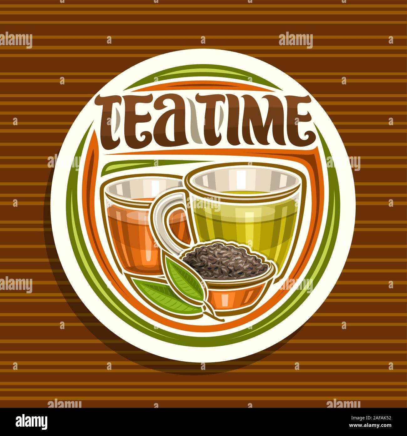 Vector logo for Tea Time, round badge with illustration of 2 glass cups with yellow and brown liquid, metal bowl with loose tea and sprig, decorative Stock Vector